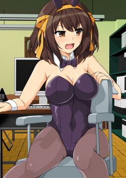 1girl animal_ears bare_shoulders black_bow black_bowtie black_leotard bookshelf bow bowtie breasts brown_eyes brown_hair brown_pantyhose chair classroom cleavage computer computer_keyboard detached_collar hairband haruhisky highres large_breasts leotard looking_to_the_side medium_hair monitor orange_hairband pantyhose playboy_bunny rabbit_ears sitting solo suzumiya_haruhi suzumiya_haruhi_no_yuuutsu sweatdrop textless_version wrist_cuffs