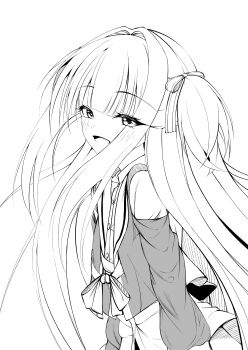 Rule 34 | 1girl, :d, absurdres, arms at sides, blush, bow, bowtie, commentary request, cowboy shot, eyelashes, eyes visible through hair, from side, greyscale, hair bow, hair intakes, happy, highres, long hair, long sleeves, looking at viewer, monochrome, murasame (senren), official alternate costume, open mouth, sailor collar, school uniform, senren banka, serafuku, sidelocks, simple background, smile, solo, straight hair, two side up, uoouchan, very long hair, white background
