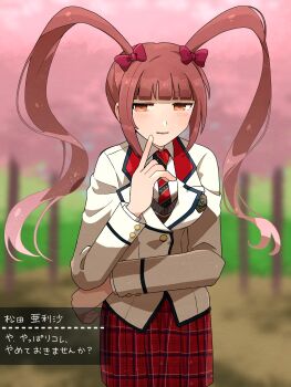 1girl absurdres blazer blunt_bangs blurry blurry_background blush breasts cherry_blossoms collared_jacket cowboy_shot dot_nose hair_ribbon half-closed_eyes high_schoolmate_(idolmaster) highres idolmaster idolmaster_million_live! idolmaster_million_live!_theater_days jacket leaning_forward long_hair matsuda_arisa medium_breasts necktie official_alternate_costume parted_lips plaid_clothes plaid_skirt pointing pointing_at_self red_necktie red_ribbon red_skirt ribbon school_uniform seductive_smile skirt smile solo translation_request twintails user_interface very_long_hair white_jacket yotsubaringo