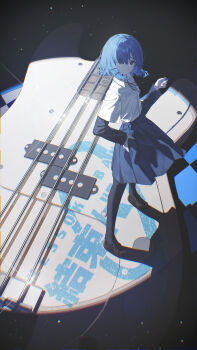 1girl absurdres black_pantyhose black_ribbon black_shirt black_shoes blue_hair blue_skirt bocchi_the_rock! chiyo_akira chromatic_aberration collared_shirt commentary_request eyes_visible_through_hair from_above from_side full_body guitar hair_ornament hair_over_one_eye hairclip hand_on_own_hip hand_up high-waist_skirt highres holding holding_plectrum instrument legs_apart loafers long_sleeves looking_at_viewer medium_skirt neck_ribbon oversized_object pantyhose pleated_skirt plectrum ribbon shadow shirt shirt_tucked_in shoes short_hair short_sleeves sidelighting skirt solo standing turning_head white_shirt yamada_ryo yellow_eyes