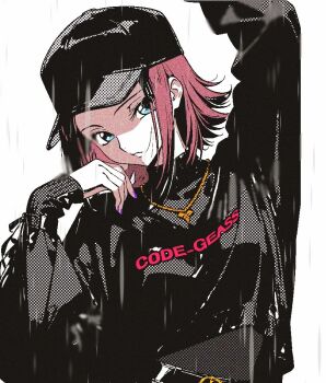 1girl alternate_costume arm_up baseball_cap black_hat black_shirt blue_eyes casual code_geass copyright_name expressionless fingernails flipped_hair hand_up hat jewelry kirajoesta720 kouzuki_kallen long_sleeves looking_at_viewer nail_polish necklace print_shirt purple_nails red_hair shirt short_hair solo upper_body