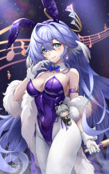 Rule 34 | 1girl, :d, absurdres, alternate costume, animal ears, arm strap, bare shoulders, blue bow, blue bowtie, blush, bow, bowtie, caelus (honkai: star rail), commentary request, covered navel, cowboy shot, dasoin, detached collar, facial mark, fake animal ears, feather boa, gloves, green eyes, hair between eyes, hair intakes, hairband, hand up, head tilt, head wings, highres, holding, honkai: star rail, honkai (series), leotard, long hair, looking at viewer, open mouth, pantyhose, playboy bunny, purple hair, purple hairband, rabbit ears, robin (honkai: star rail), smile, staff (music), standing, thighs, trailblazer (honkai: star rail), very long hair, white gloves, white pantyhose, wings