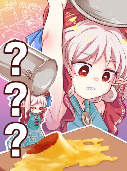 1girl ? ?? blue_dress commentary_request detached_sleeves dress earrings eye_print food hoop_earrings horn_ornament horn_ribbon horns jewelry kimi3735 meandros multi-source_commentary oversized_food oversized_object patterned_clothing pointy_ears pudding red_eyes red_horns red_sleeves ribbon sharp_teeth sheep_horns solo teeth touhou toutetsu_yuuma