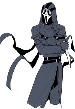 belt black_gloves buttons capelet crossed_arms danny_johnson dead_by_daylight ghostface ghostface gloves holding holding_knife hood hood_up knife long_sleeves mask pants rokkoron scream_(movie) simple_background solo standing strap weapon white_background