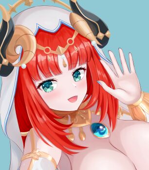 Rule 34 | 1girl, alternate breast size (larger), aqua background, aqua eyes, black horns, breasts, brooch, cleavage, commentary request, fake horns, genshin impact, highres, horns, implied nudity, jewelry, kurenai (anohitop), looking at viewer, nilou (genshin impact), open mouth, paid reward available, red hair, simple background, smile, solo, veil, waving, white veil