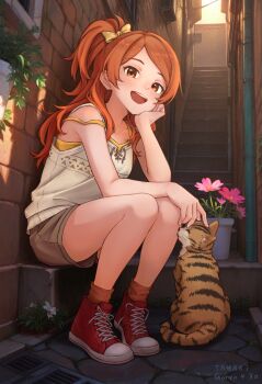 1girl ai-assisted ai-generated_background alley bow brown_eyes brown_hair brown_shorts brown_socks cat commentary dated drain_(object) english_commentary engrish_commentary eyelashes flower full_body ganyo226 hair_bow hand_on_own_face head_rest highres idolmaster idolmaster_million_live! industrial_pipe long_hair ogami_tamaki one_side_up open_mouth pink_flower plant potted_plant red_shoes shirt shoelaces shoes shorts signature sitting smile socks solo stairs tank_top teeth upper_teeth_only white_shirt yellow_bow yellow_tank_top