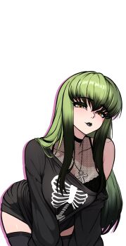 1girl absurdres all_fours black_choker black_lips c.c. casual choker code_geass code_geass:_fukkatsu_no_lelouch collarbone commentary goth_fashion green_hair hair_between_eyes highres jewelry leaning_forward lips long_hair looking_at_viewer multicolored_hair off_shoulder pendant print_shirt redpostit see-through_clothes shirt sidelocks simple_background single_bare_shoulder skeleton solo thighhighs two-tone_hair white_background wispy_bangs yellow_eyes zettai_ryouiki