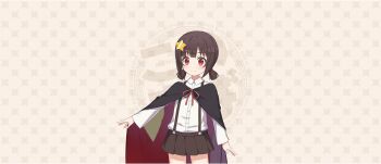 1girl black_cloak black_skirt blunt_bangs brown_hair child cloak closed_mouth cowboy_shot dress_shirt game_cg hair_ornament hair_tie hairpin highres komekko kono_subarashii_sekai_ni_shukufuku_wo! konosuba!_fantastic_days light_blush long_sleeves looking_at_viewer miniskirt official_art patchwork_clothes patterned_background pleated_skirt shirt short_hair short_twintails sidelocks skirt smile solo standing star_(symbol) star_hair_ornament suspender_skirt suspenders tachi-e twintails white_shirt