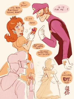 Rule 34 | 1boy, 1girl, large nose, blue eyes, blush, brown hair, cleft chin, crown, dress, earrings, english text, facial hair, flipped hair, flower earrings, frilled gloves, frills, gift, gloves, gold crown, happy birthday, hat, highres, holding, holding gift, jewelry, long sleeves, mario (series), medium hair, mustache, nintendo, onirizu, open mouth, orange dress, overalls, parted bangs, pointed crown, pointy ears, princess daisy, puffy short sleeves, puffy sleeves, purple hat, purple overalls, purple shirt, shirt, short hair, short sleeves, sphere earrings, sweatdrop, v-shaped eyebrows, waluigi, white gloves, yellow dress