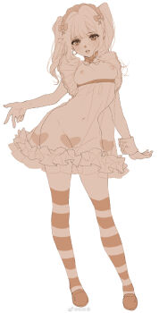1girl blunt_bangs bow bowtie breasts breasts_out buttons chinese_commentary choker commentary_request dress expressionless eyelashes frilled_dress frilled_hairband frills full_body hair_bow hairband heart heart_print highres kamu_(poulro) lipstick long_hair looking_at_viewer makeup monochrome nipples orange_theme original parted_lips pleated_dress see-through_clothes see-through_dress short_dress simple_background single_bare_arm single_wrist_cuff sketch sleeveless sleeveless_dress slippers small_breasts solo standing striped_clothes striped_thighhighs thighhighs twintails two-tone_thighhighs watermark weibo_watermark white_background wrist_cuffs
