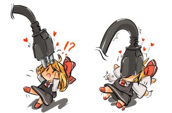 !? 1girl ahoge ascot black_dress blonde_hair bow chibi dress electric_plug hair_bow heart kusa_tsuku large_bow mini_person minigirl mob_face open_mouth red_ascot red_bow red_footwear rumia sequential simple_background touhou waving_arms white_background