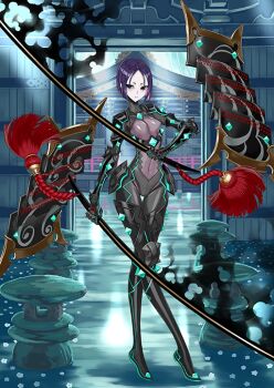 1girl arm_at_side armor black_armor black_eyes blue_background bob_cut bodysuit breasts cleavage closed_mouth colored_inner_hair covered_navel crossed_legs dual_wielding expressionless fate/grand_order fate_(series) floating_armor full_body game_cg hand_up holding holding_sword holding_weapon honjou_raita impossible_clothes japanese_armor katana linea_alba looking_to_the_side multicolored_hair official_art parted_bangs purple_hair short_eyebrows short_hair shoulder_armor small_breasts sode solo standing sword tassel thigh_gap third-party_source ushi_gozen_(avenger)_(fate) ushi_gozen_(fate) variant_set weapon