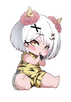 Rule 34 | 1girl, absurdres, alternate costume, blush stickers, brown eyes, chibi, commentary request, dress, food, full body, hair ornament, hands up, highres, holding, holding food, horns, legs apart, looking at viewer, makizushi, open mouth, punishing: gray raven, setsubun, short hair, sideways glance, simple background, sitting, solo, sophia (pgr), sushi, takashi san, white background, white hair, x hair ornament, yellow dress