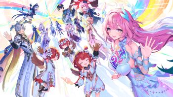 4boys 6+girls anaxa_(honkai:_star_rail) animal_ears aqua_hair black_leotard blonde_hair blue_eyes breasts castorice_(honkai:_star_rail) cat_ears cat_girl cat_tail cerydra_(honkai:_star_rail) chrysos_heirs_(honkai:_star_rail) cipher_(honkai:_star_rail) coat commentary_request cyrene_(demiurge)_(honkai:_star_rail) cyrene_(honkai:_star_rail) dan_heng_(honkai:_star_rail) dan_heng_(permansor_terrae)_(honkai:_star_rail) diamond-shaped_pupils diamond_(shape) dragon_boy dragon_horns dress evernight_(honkai:_star_rail) flower grey_hair hair_flower hair_ornament halo head_wreath highres holding holding_umbrella honkai:_star_rail honkai_(series) horns hyacine_(honkai:_star_rail) hysilens_(honkai:_star_rail) large_breasts leotard long_hair looking_at_viewer march_7th_(honkai:_star_rail) multiple_boys multiple_girls mydei_(honkai:_star_rail) phainon_(honkai:_star_rail) pi_(p77777778) pink_hair pointy_ears purple_eyes purple_hair red_hair short_hair smile symbol-shaped_pupils tail trianne_(honkai:_star_rail) tribbie_(honkai:_star_rail) trinnon_(honkai:_star_rail) umbrella very_long_hair white_coat white_dress white_hair