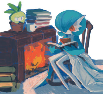 alternate_color blue_hair bob_cut book book_stack butter_(oshi8kyoumoh) chair coffee_mug colored_skin cup dress fireplace gardevoir gen_3_pokemon gen_5_pokemon hair_over_one_eye holding holding_book mug multicolored_skin nintendo no_feet on_chair orange_eyes petilil pokemon pokemon_(creature) shiny_pokemon two-tone_skin white_background white_dress white_skin
