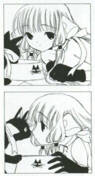 00s 1girl animal blunt_bangs bowl cat chii chobits clamp clamp_(circle) close-up comic from_side gloves greyscale lowres monochrome official_art pet_bowl profile ribbon short_hair silent_comic table upper_body