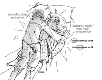 ;( akinashi_haru all_fours art_program_in_frame bed_sheet blush breeding_kink_talk emoticon english_text face-to-face lying male_focus omegaverse on_back one_eye_closed pajamas pants pillow saihate_eki shirt short_hair sketch socks spot_color squ15 tatsunami_shion yaoi yukadon