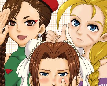 Rule 34 | 1boy, 2girls, alternate costume, alternate hairstyle, balrog, balrog (cosplay), beret, blonde hair, blue eyes, blush, braid, brown eyes, brown hair, bun cover, cammy white, cammy white (cosplay), capcom, chun-li, chun-li (cosplay), close-up, commentary request, cosplay, costume switch, crossdressing, double bun, earrings, eyeshadow, facial scar, green leotard, hair bun, hairstyle switch, hat, jewelry, leotard, long hair, makeup, multiple girls, sakkun, scar, scar on cheek, scar on face, single braid, street fighter, tattoo, twin braids, vega (street fighter)