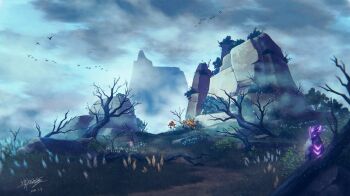 bare_tree bird bush cloud cloudy_sky commentary_request dated flock flower fog genshin_impact grass in-universe_location kaminaga_mutsumi mountain no_humans overcast path plant rifthound_(genshin_impact) rifthound_whelp_(genshin_impact) road rock rockfond_rifthound_(genshin_impact) scenery signature sky statue tree wolf