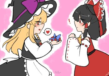 Rule 34 | !, 2girls, apron, ascot, bare shoulders, black hair, black skirt, black vest, blonde hair, blush, bow, box, braid, commentary, detached sleeves, frilled bow, frilled hair tubes, frilled hat, frills, gift, gift box, hair bow, hair tubes, hakurei reimu, hat, hat bow, hat ribbon, heart, highres, kirisame marisa, multiple girls, naitooo 45, purple bow, purple ribbon, red bow, red eyes, red skirt, ribbon, ribbon-trimmed sleeves, ribbon trim, shirt, side braid, single braid, skirt, skirt set, sleeveless, sleeveless shirt, spoken heart, touhou, valentine, vest, waist apron, white shirt, witch hat, yellow ascot, yellow eyes, yuri