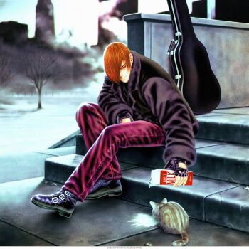 1boy black_gloves black_shoes cat drink_carton fingerless_gloves gloves guitar hair_over_one_eye holding holding_milk_carton instrument milk_carton mori_toshiaki official_art pants red_hair red_pants shoes smile snk the_king_of_fighters yagami_iori