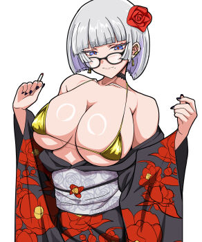 1girl bikini black-framed_eyewear black_choker black_kimono black_nails blue_eyes bob_cut breasts choker closed_mouth commentary_request earrings floral_print floral_print_kimono flower glasses grey_hair hair_flower hair_ornament highres huge_breasts japanese_clothes jewelry kimono looking_at_viewer micro_bikini original print_kimono red_pupils sakurein simple_background smile solo swimsuit white_background