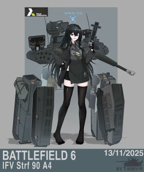 1girl absurdres armored_personnel_carrier armored_vehicle autocannon battlefield_(series) battlefield_6 black_hair boots cannon caterpillar_tracks coat collared_shirt cv90 gloves grey_necktie grey_shirt gun hair_between_eyes heavy_machine_gun highres holding infantry_fighting_vehicle jacket long_hair long_sleeves machine_gun military military_vehicle missile motor_vehicle necktie open_mouth personification remote_weapon_system rocket rocket_launcher shirt skirt smile smoke_grenade_launcher t80bv vehicle_and_personification weapon