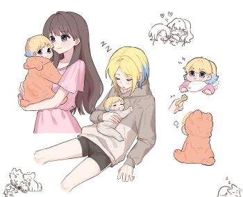 3girls :i ahoge alternate_hair_length alternate_hairstyle animal_costume animalization anyoji_hime baby basil_(wgh0anzdple3asf) black_shorts blonde_hair blue_hair brown_shirt carrying cat cat_costume child_carry closed_mouth commentary dress fujishima_megumi fujishima_megumi_(summer_loungewear) gradient_hair heart highres if_they_mated link!_like!_love_live! long_sleeves love_live! mother_and_daughter multicolored_hair multiple_girls multiple_views osawa_rurino osawa_rurino_(summer_loungewear) pink_dress pout purple_eyes science_babies shirt short_hair short_sleeves shorts simple_background sleeves_past_wrists squeans symbol-only_commentary white_background yuri zzz