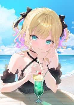 1girl absurdres bare_shoulders beach bikini black_bikini black_bow black_choker black_sleeves blue_sky blush bow bracelet breasts cherry choker closed_mouth cloud cloudy_sky colored_inner_hair commentary day detached_sleeves drink drinking_straw fang fingernails food fruit green_eyes hair_bow hand_on_own_cheek hand_on_own_face highres ice_cream jewelry kurumi_noah lemon lemon_slice looking_at_viewer medium_breasts medium_hair multicolored_hair nail_polish ocean outdoors pink_hair pink_lips pink_nails sand shinomiya_ino short_sleeves skin_fang sky smile solo spoon swimsuit two-tone_hair two_side_up virtual_youtuber vspo!
