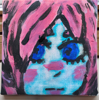 Rule 34 | blue background, canvas (object), highres, isekai shikkaku, painting (medium), sacchan (isekai shikkaku), tagme, traditional media