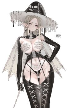 1girl absurdres black_panties blush breasts claw_bra cleavage commentary cowboy_shot dishwasher1910 earrings english_commentary grey_eyes grey_hair hand_on_own_hip hat higher_resolution_available highres holding jewelry large_breasts long_hair looking_at_viewer original panties pointy_ears simple_background solo thighs underwear white_background witch_hat