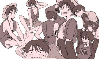 1boy bare_shoulders commentary_request cross_scar facial_scar floral_print floral_print_shirt grin hat jacket korean_commentary looking_at_viewer male_focus monkey_d._luffy multiple_views official_alternate_costume one_piece open_clothes open_jacket open_mouth open_shirt print_shirt sandals scar scar_on_cheek scar_on_chest scar_on_face shirt short_hair short_sleeves shorts smile straw_hat unworn_hat unworn_headwear vest white_background wltn_op