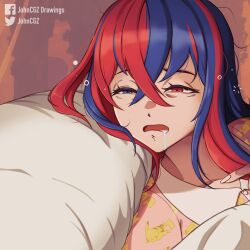 Rule 34 | 1girl, alear (female) (fire emblem), alear (fire emblem), blue eyes, blue hair, commentary, crossed bangs, drooling, english commentary, fire emblem, fire emblem engage, gen 1 pokemon, half-closed eyes, heterochromia, highres, johncgz, limmy waking up (meme), long hair, meme, messy hair, mouth drool, multicolored hair, nintendo, open mouth, pikachu, pillow, red eyes, red hair, saliva, sleepy, solo, split-color hair, two-tone hair, very long hair, waking up