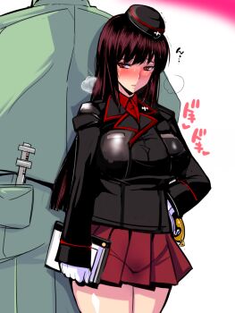 Rule 34 | 10s, 1boy, 1girl, aged down, back-to-back, black hat, black jacket, blunt bangs, blush, breasts, breath, brown eyes, brown hair, commentary request, cowboy shot, dress shirt, full-face blush, garrison cap, girls und panzer, gloves, hand on own hip, hat, holding, jacket, kuromorimine military uniform, large breasts, long hair, long sleeves, military, military hat, military uniform, miniskirt, nishizumi shiho, nishizumi tsuneo, notebook, parted lips, pleated skirt, pocket watch, red shirt, red skirt, sako (bosscoffee), shirt, skirt, standing, sweat, trembling, watch, white gloves