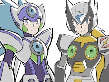 Rule 34 | 2boys, absurdres, android, armor, axl (mega man), black armor, black helmet, black zero (mega man), blonde hair, blue eyes, blue hair, chest jewel, cowboy shot, forehead jewel, helmet, highres, long hair, male focus, mega man (series), mega man x (series), multiple boys, purple eyes, spiked hair, ten (ten rockman), upper body, white armor, white axl (mega man), white helmet, zero (mega man)