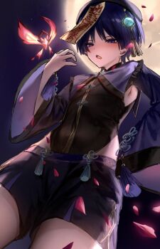 1boy anemo_symbol_(genshin_impact) aqua_gemstone armpits beret black_hat black_shorts black_sleeves blunt_ends blush chinese_clothes chinese_knot clothing_cutout collar crystalfly_(genshin_impact) falling_petals from_below full_moon gem genshin_impact gold hair_ornament halloween_costume hat highres hip_vent jiangshi_costume long_sleeves looking_at_viewer male_focus moon night night_sky ofuda ofuda_on_head open_mouth outdoors petals purple_collar purple_eyes purple_hair red_petals scaramouche_(genshin_impact) shorts sky solo tassel tassel_hair_ornament tongue tsurime wanderer_(genshin_impact) wide_sleeves yu_(geda4335)