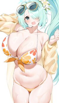 1girl absurdres aqua_hair bikini blue_archive breasts casul collarbone curvy eyewear_on_head flower hair_flower hair_ornament hair_over_one_eye halo highres hiyori_(blue_archive) hiyori_(swimsuit)_(blue_archive) huge_breasts jacket long_hair looking_at_viewer navel official_alternate_costume open_mouth simple_background solo stomach sunglasses swimsuit wet white_background yellow_jacket