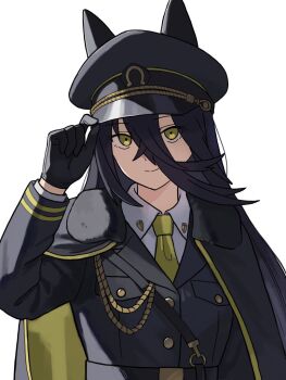 1girl aiguillette animal_ears black_cape black_gloves black_hair black_jacket cape closed_mouth commentary_request ear_covers ears_through_headwear gloves hair_between_eyes hat horse_ears horse_girl jacket long_bangs long_hair long_hair_between_eyes long_sleeves looking_at_viewer manhattan_cafe_(umamusume) military_uniform necktie okimoto peaked_cap shirt simple_background smile solo umamusume upper_body very_long_hair white_background white_shirt yellow_eyes yellow_necktie