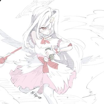 1girl bare_shoulders blue_archive bow bowtie breasts cleavage commentary_request covering_own_eyes detached_collar detached_sleeves dress fake_wings fighting_stance flashbang from_above halo head_wings hiyo_8 holding holding_wand long_hair magical_girl official_alternate_costume pink_bow pink_bowtie pink_dress red_eyes shaded_face signature single_hair_intake single_head_wing sketch small_breasts smoke solo suzumi_(blue_archive) suzumi_(magical)_(blue_archive) very_long_hair wand white_hair wings wrist_cuffs