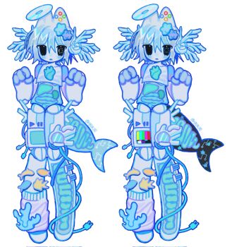 Rule 34 | 1other, adoptable, androgynous, animal ears, cable, cable tail, candy, cd, cd halo, commentary, coral, cyber fashion, english commentary, fins, fish, fish tail, food, frutiger aero, halo, head wings, highres, humanoid robot, konpeitou, leg warmers, mechanical tail, multiple views, original, other focus, retrofuturism, robot, see-through body, short hair, simple background, standing, tail, television, white background, white hair, wings, yukiecookii