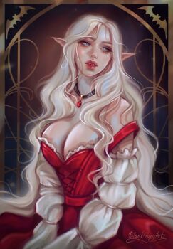 1girl artist_name black_choker blackfuryart breasts choker cleavage collarbone dress english_text fangs gem half-closed_eyes highres large_breasts long_hair long_sleeves original pointy_ears puffy_long_sleeves puffy_sleeves red_dress red_lips solo sophie_(blackfuryart) teeth vampire