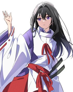 Rule 34 | 1boy, backlighting, black hair, cowboy shot, curly sidelocks, hair between eyes, hair intakes, hakama, hand up, highres, houjou tokiyuki (nige jouzu no wakagimi), japanese clothes, kariginu, long hair, looking up, male focus, nige jouzu no wakagimi, parted lips, purple eyes, raised eyebrows, red hakama, red sash, ribbon-trimmed sleeves, ribbon trim, sash, scabbard, sheath, sidelocks, simple background, solo, white background, wide sleeves, yur11