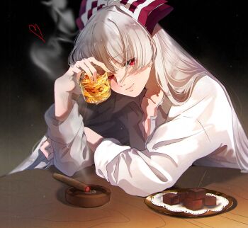 Rule 34 | 1girl, alcohol, ashtray, black background, blush, bow, chocolate, cigar, closed mouth, collarbone, collared shirt, commentary request, cup, drinking glass, fingernails, fujiwara no mokou, grey hair, hair bow, heart, highres, holding, holding cup, ice, lips, long hair, long sleeves, looking at viewer, mokoiscat, plate, red bow, red eyes, shirt, smile, smoke, solo, table, toothpick, touhou, white shirt