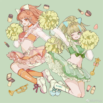 2girls arm_up armpits bare_shoulders belt blue_bow blue_hair blunt_bangs bottle bow bowtie cheerleader chinese_commentary choker clothes_writing commentary_request copyright_name cosmetics crop_top sparkling_youth_(shining_nikki) detached_sleeves earrings floating_hair frilled_skirt frills full_body gradient_bow green_background green_belt green_bow green_bowtie green_choker green_eyes green_hair green_shirt green_skirt hair_bow heart heart_print high_ponytail highres holding holding_pom_poms huaning_haoxiao_ning instrument jewelry jumping kneehighs long_hair long_sleeves looking_at_viewer lower_teeth_only midriff miniskirt multicolored_hair multiple_girls nikki_(series) one_eye_closed open_mouth orange_choker orange_eyes orange_hair orange_shirt orange_skirt orange_socks petticoat pink_bow pink_bowtie pleated_skirt pom_pom_(cheerleading) pom_poms ponytail puffy_long_sleeves puffy_sleeves see-through_clothes see-through_sleeves shining_nikki shirt shoes short_shorts shorts shorts_under_skirt simple_background skirt smile sneakers socks sparkling_youth_(shining_nikki) star_(symbol) star_choker star_earrings streaked_hair teeth trumpet watermark weibo_watermark white_bow white_shoes white_shorts white_sleeves white_socks
