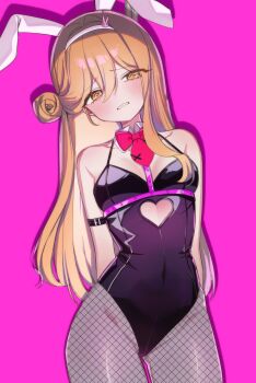 1girl @_@ absurdres alternate_costume animal_ears arm_belt arms_behind_back bare_shoulders black_leotard black_survival blonde_hair bow bowtie breasts chest_harness clenched_teeth clothing_cutout cosplay covered_navel cowboy_shot cutout_above_navel detached_collar embarrassed eternal_return:_black_survival fake_animal_ears fishnet_pantyhose fishnets grey_pantyhose hair_between_eyes hair_bun hairband harness hatsune_miku hatsune_miku_(cosplay) heart_cutout highleg highleg_leotard highres leotard long_hair looking_at_viewer medium_breasts moonb3702 pantyhose pink_background rabbit_ears rabbit_hole_(vocaloid) simple_background single_side_bun solo spaghetti_strap teeth tia_(black_survival) vocaloid white_hairband yellow_eyes