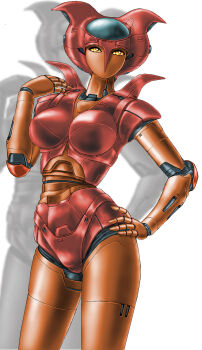 1girl aphrodai_a armor breasts cockpit commentary_request cowboy_shot drop_shadow glass_cockpit hand_on_own_hip hand_up highres large_breasts looking_at_viewer mazinger_(series) mazinger_z mecha mecha_focus multicolored_armor orange_armor red_armor robot robot_girl solo super_robot toten_(der_fuhrer) yellow_eyes