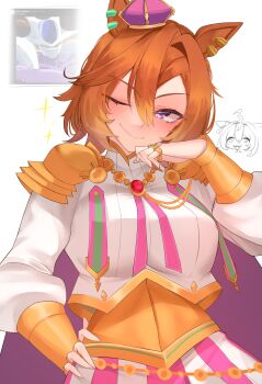 2girls absurdres animal_ears armor blush cape closed_mouth commentary crown gold_armor gold_corset hair_between_eyes hand_on_own_hip head_tilt highres horse_ears horse_girl horse_tail jewelry looking_at_viewer meisho_doto_(umamusume) mini_crown multiple_girls multiple_rings orange_hair pink_cape pink_crown puffy_sleeves purple_eyes ring shirt short_hair shoulder_armor simple_background smile solo_focus t.m._opera_o_(o_sole_suo!)_(umamusume) t.m._opera_o_(umamusume) tail tilted_headwear umamusume white_background white_shirt xkittyzx