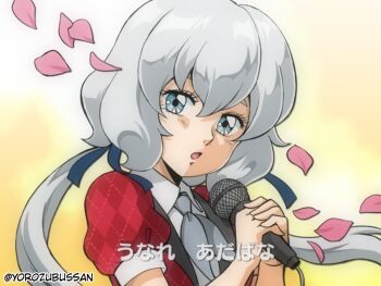 1980s_(style) 1girl argyle_clothes argyle_dress blue_eyes blue_ribbon commentary_request dress eyelashes faux_retro_artstyle gradient_background grey_hair hair_between_eyes holding holding_microphone konno_junko long_hair microphone neckerchief oldschool parted_lips petals puffy_sleeves red_dress retro_artstyle ribbon short_sleeves translation_request twintails twitter_username yellow_neckerchief yorozu zombie_land_saga