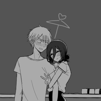 1boy 1girl black_choker blush chainsaw_man choker collared_shirt commentary_request denji_(chainsaw_man) hair_between_eyes hair_bun highres long_hair_between_eyes polo_shirt reze_(chainsaw_man) shirt single_hair_bun smile sou_(mgn) t-shirt v white_shirt