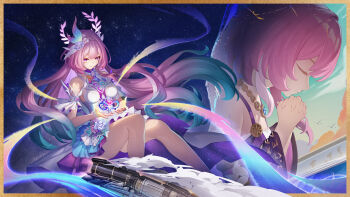 2girls absurdres aqua_hair astral_express_(honkai:_star_rail) bare_shoulders breasts coat cyrene_(aedes_elysiae)_(honkai:_star_rail) cyrene_(honkai:_star_rail) cyrene_(ripples_of_past_reverie)_(honkai:_star_rail) dress dual_persona flower hair_flower hair_ornament halo highres honkai:_star_rail honkai_(series) long_hair medium_breasts miekerei multicolored_hair multiple_girls pointy_ears praying purple_coat purple_eyes short_hair sky star_(sky) starry_sky thighs two-tone_hair very_long_hair white_dress white_hair